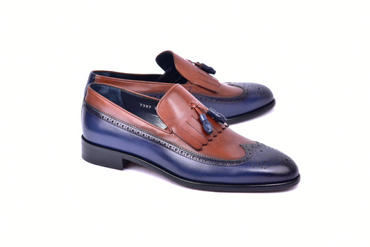 C00019-7397 Wing tip Kiltie Tassel Loafer-Navy/Tan
