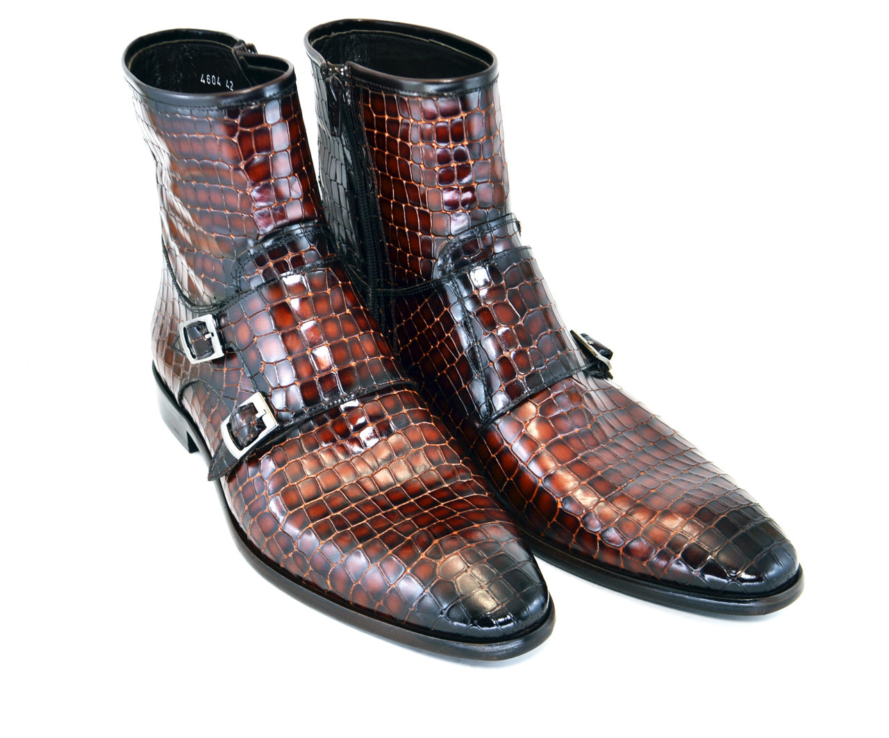 C2034-4604 Croc print zipper boot with side buckle-Brown