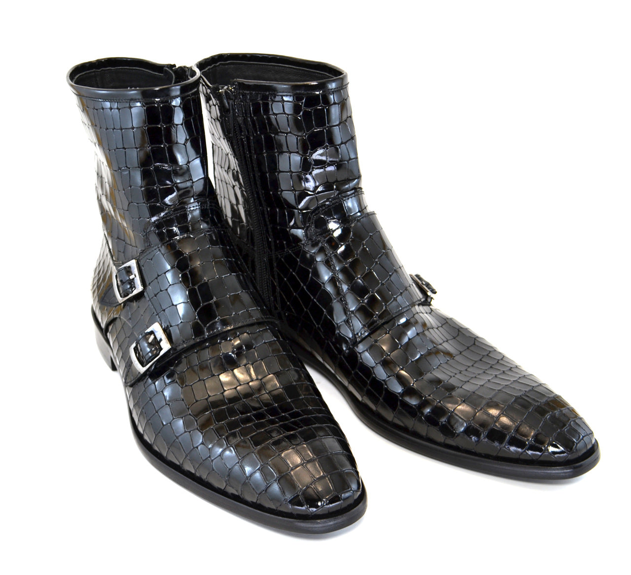 C2033-4604 Croc print zipper boot with side buckle- Black